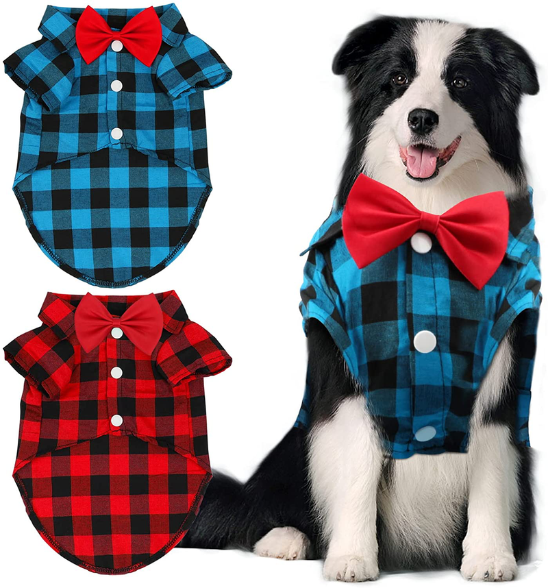 GINDOOR 2 Pack Plaid Dog Shirt - Valentines Cute Boy Dog Clothes and Bow Tie Combo Dog Outfit for Small Medium Large Dogs Cats Birthday Party and Holiday Photos