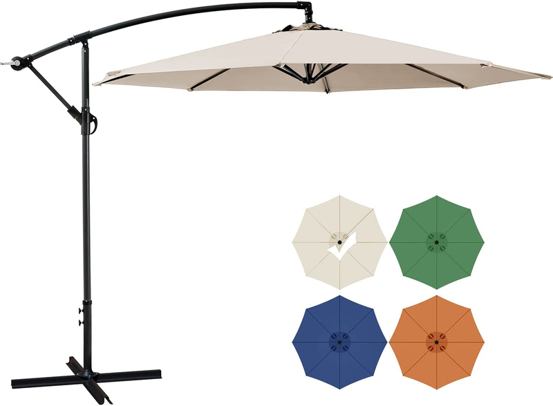 SUNHY 10 FT Patio Offset Umbrella Outdoor Cantilever Umbrella Hanging Umbrellas, Fade Resistant & Waterproof Fabric with Infinite Tilt, Crank & Cross Base (Beige)
