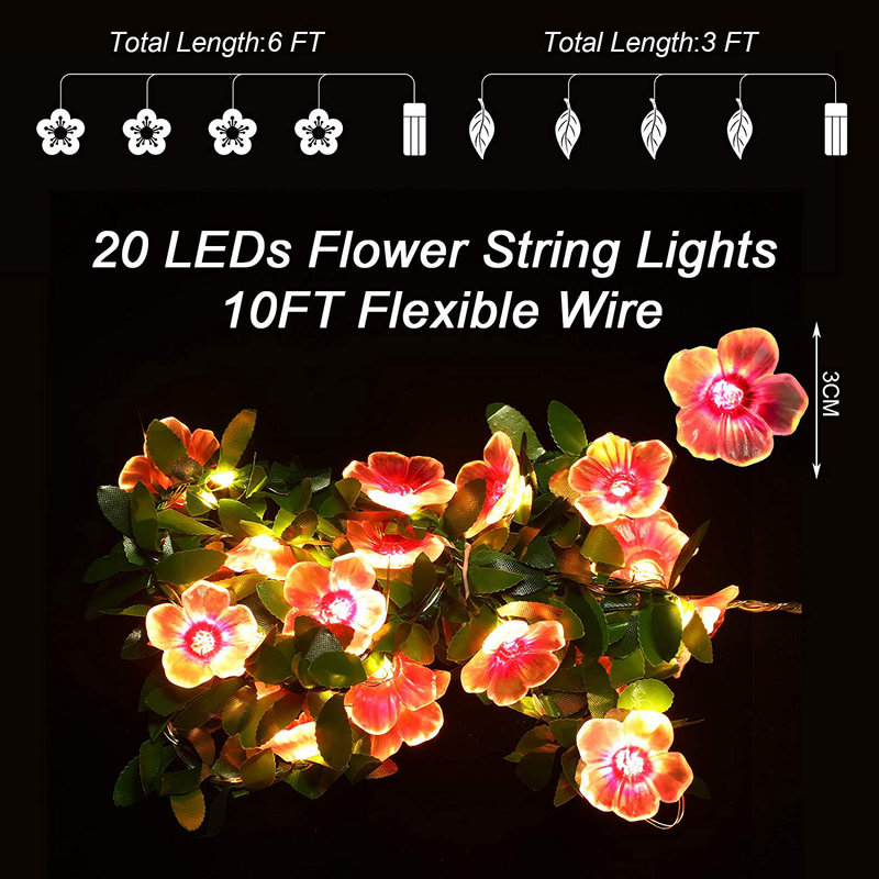 Flower String Lights Cherry Blossom Lights 6.6 Ft 20 LED and 3.3 Ft 10 LED Greenery Garland Battery Powered Lights for Valentine'S Day Wedding Birthday Parties Nursery Room Girls Bedroom Decor (Pink)
