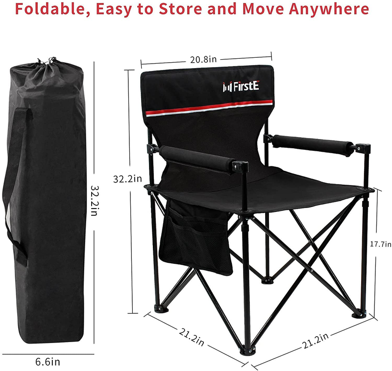 Firste Folding Camping Chairs, Portable Camp and Sports Chair Heavy Duty for Adults 330Lbs, Steel Frame Lawn Chair Quad Lumbar Support, Outdoor Beach Chair with Side and Back Pockets, Carry Bag