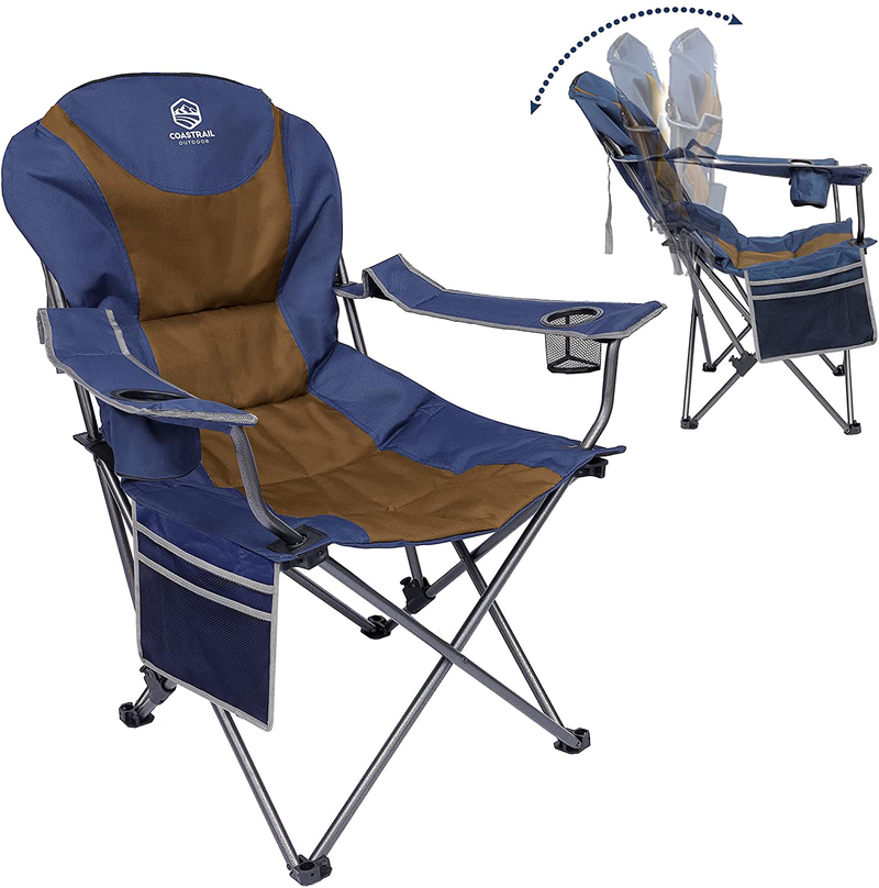 Coastrail Outdoor Reclining Camping Chair 3 Position Folding Lawn Chair for Adults Padded Comfort Camp Chair with Cup Holders, Head Bag and Side Pockets, Supports 350Lbs, Blue&Brown