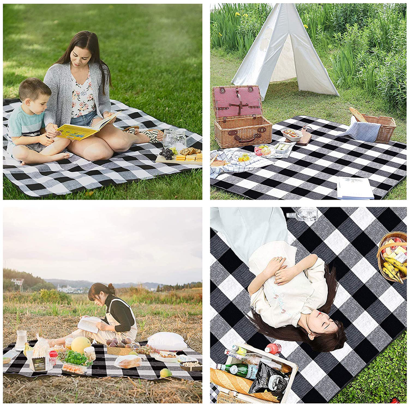 Extra Large Picnic Blanket Outdoor Blanket 3 Layers Water Resistant Mat,Waterproof Sandproof Great for Beach and Camping on Grass,Padding Portable for Family,Friend,Kid,Black and Gray Checkered