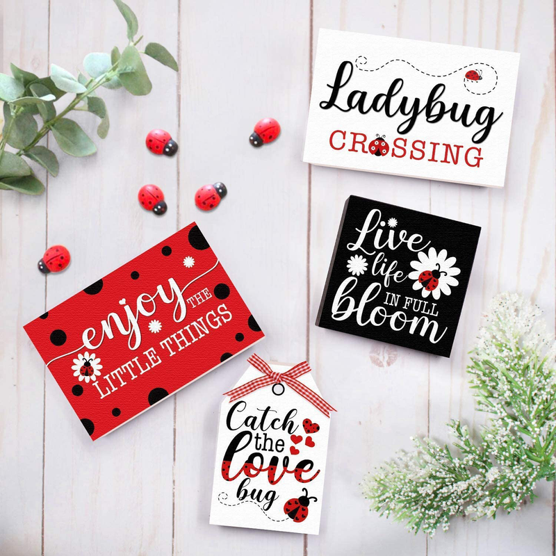 Huray Rayho Tiered Tray Decorations Ladybug Wooden Blocks Sign Modern Style For Home Farmhouse Rustic Ladybird Decor Kitchen Shelf Display Summer Holiday Party Favors Gifts (4 piece)