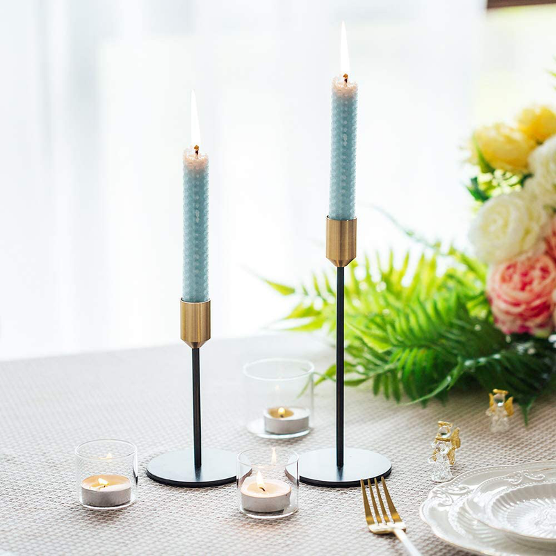 Nuptio Candlestick Holders Taper Candle Holders, 2 Pcs Candle Stick Holders Set, Gold & Black Brass Candlestick Holders Set Table Decorative Modern Candle Holders for Tapered Candles (S + L)
