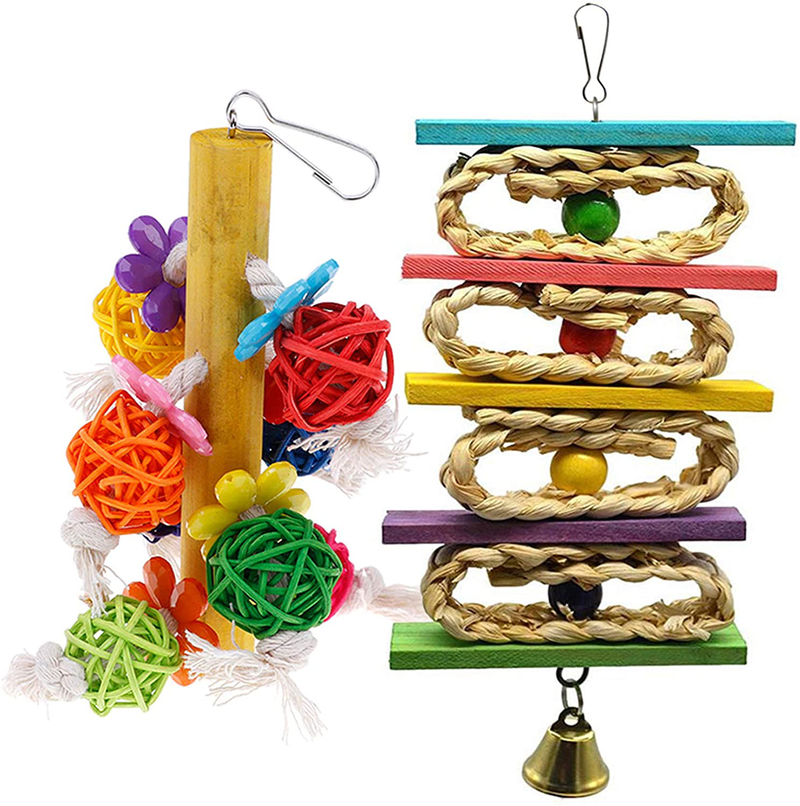 kathson 2 Pack Bird Chewing Toys, Parrot Hanging Colorful Rattan Ball Toy, Wooden Block Cage Bite Toys Suitable for Small Pet Birds Like Parakeet, Conure, Lovebirds, Cockatiels