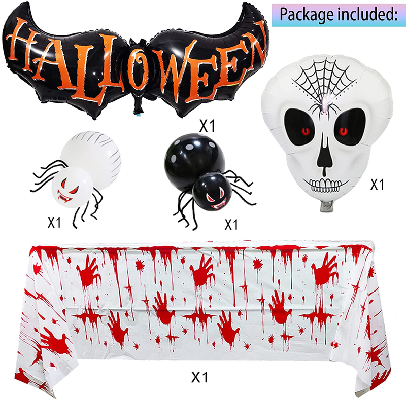 Halloween Party Decorations Set Scary Halloween Birthday Party Favor Supplies Including 3D Honeycomb Hanging Ghost, Bloody Tablecover, Skull Halloween Balloons Kit for Indoor Home Decor