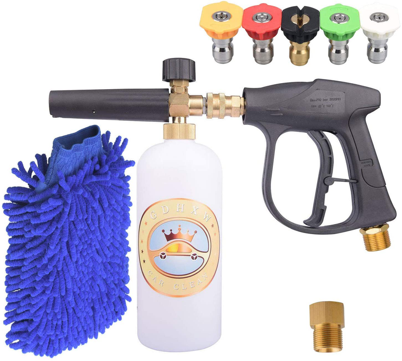 GDHXW X-884 Complete set box for car washing 3000 PSI High Pressure Snow Foam Lance Foam Cannon Foam Blaster M22 thread conversion adapter 5 Pressure Washer Nozzles Cleaning gloves