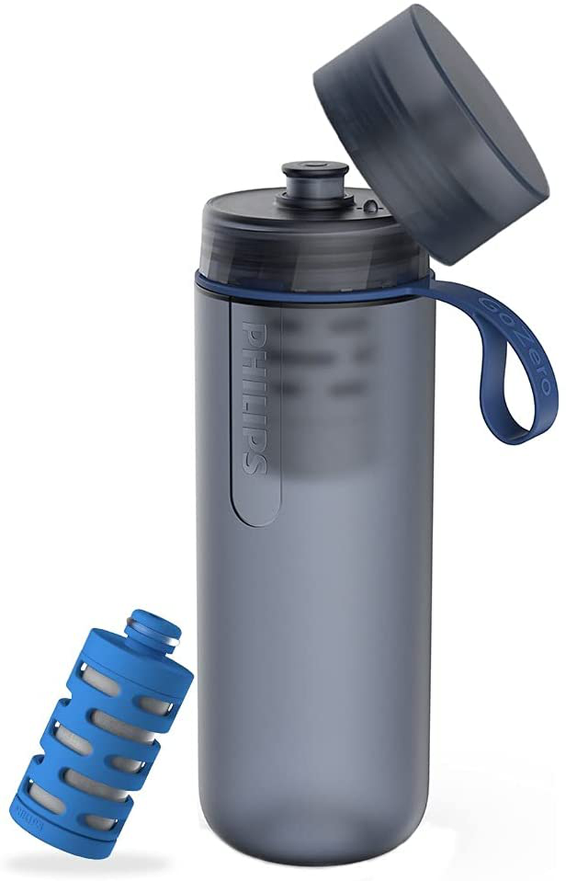 Philips Water GoZero Active Water Bottle with Filter 20 oz Sport Squeeze Water Bottle, BPA-Free Lightweight, Running Hiking Camping Football filtering Tap / River/ Lake Water Blue (AWP2723BLO/37)