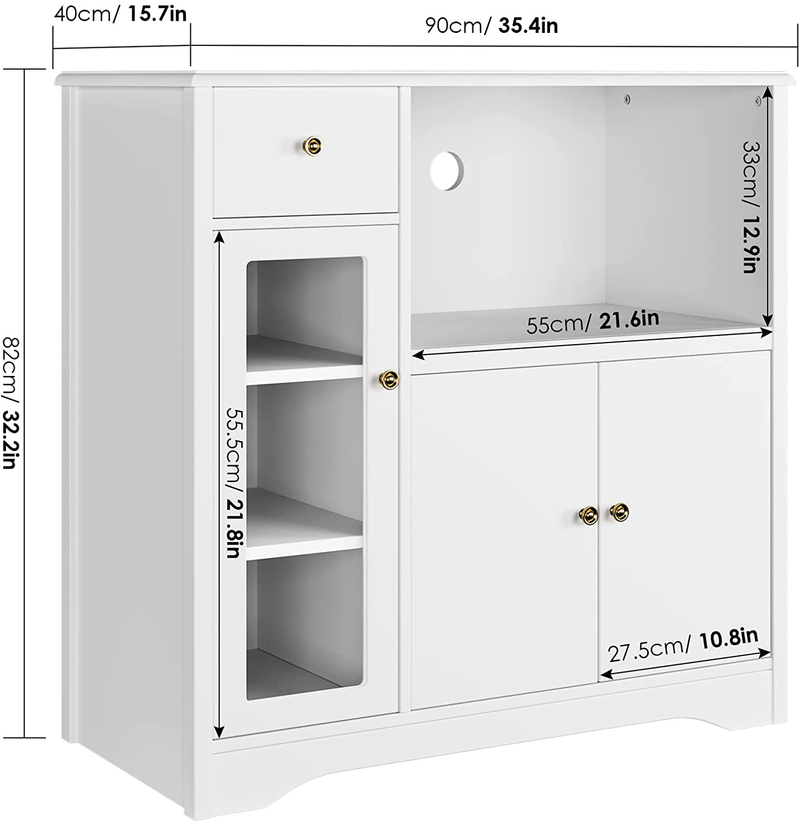HORSTORS Microwave Cabinet, Kitchen Storage Hutch Cabinet with Drawer and Doors, Floor Standing Buffet Server Sideboard for Dining Room, Living Room, Bathroom, White