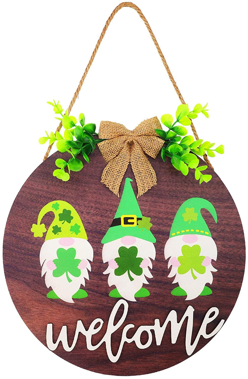 St Patrick'S Day Welcome Wooden Sign round Wood Hanging Door Sign with Ribbon Bow Decoration and Artificial Branch for St Patrick'S Day Front Door Wall Rustic Farmhouse Porch Decor (Elegant Style)