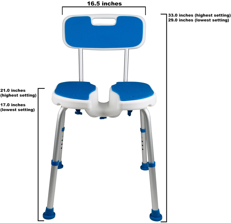 PCP Shower Safety Seat, Cutout for Easy Cleaning, Non-Slip Bath Support Recovery Chair with Backrest, White/Blue, Foam Padded