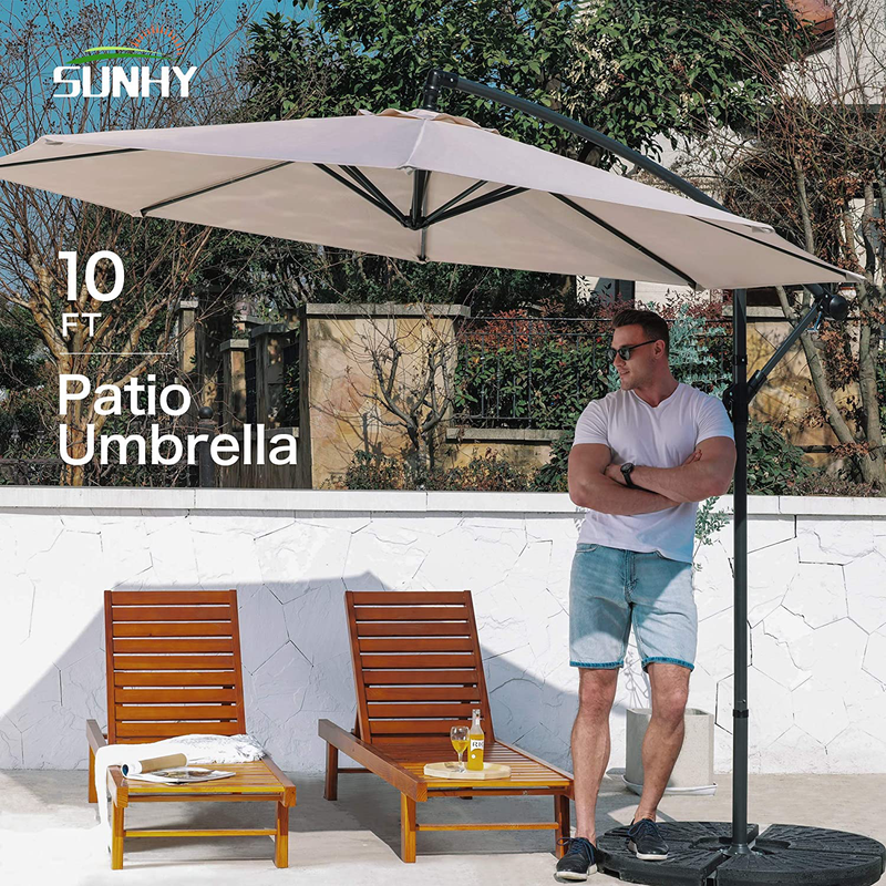 SUNHY 10 FT Patio Offset Umbrella Outdoor Cantilever Umbrella Hanging Umbrellas, Fade Resistant & Waterproof Fabric with Infinite Tilt, Crank & Cross Base (Beige)