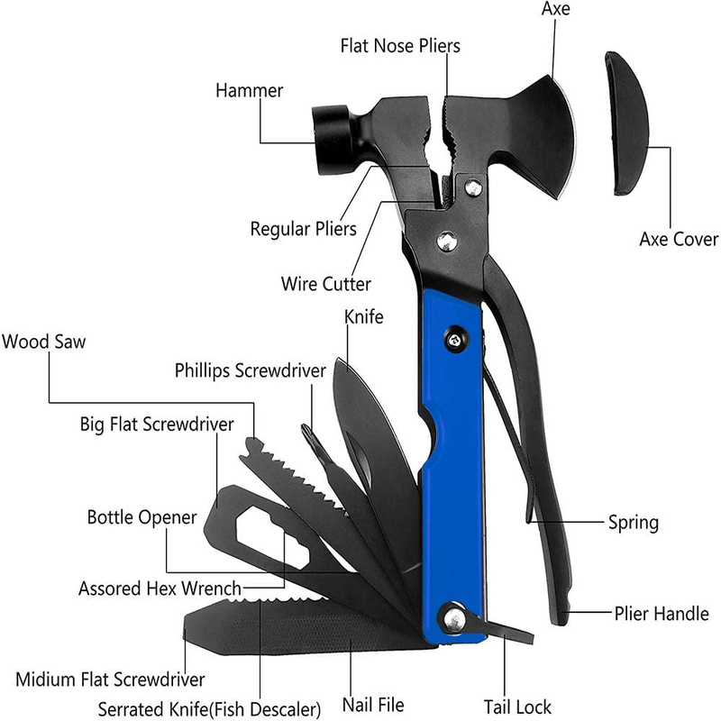 Multitool Camping Hammer Axe Hiking Emergency Survival Multitool 16 in 1 with Folding Mini Knife Saw Screwdrivers Hatchet Plier Gift for Men Dad Husband (Blue)