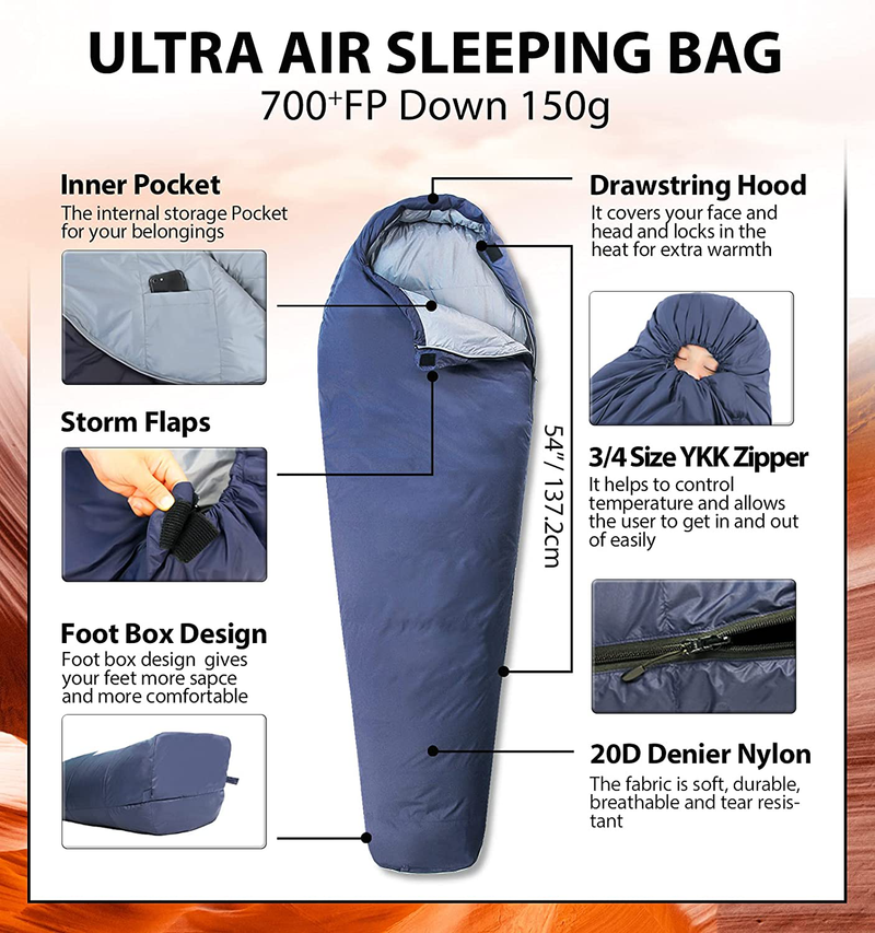Litume 1.1 Lbs 700 Fill Power down Ultra Air Mummy Sleeping Bag, 43°F-68°F, Water Repelling Sleep Sack for 3-Season, Ultra-Lightweight and Portable, for Hiking Traveling Camping Backpacking