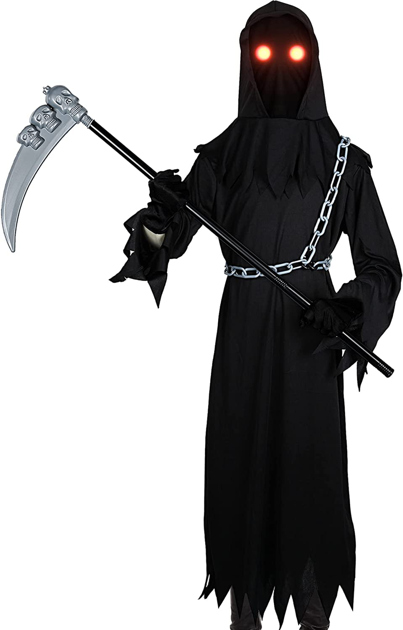 Kids Grim Reaper Costume with Glowing Red Eyes Halloween Cosplay Death Scythe Costume Accessories for Scary Halloween Dress Party Carnival, 10-12 Years