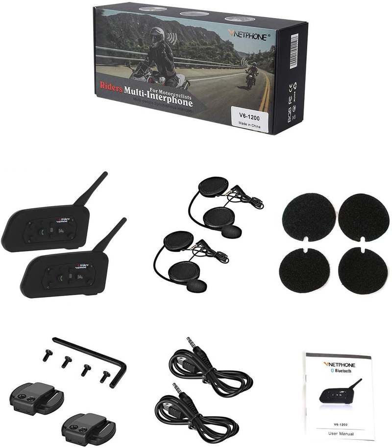 Motorcycle Bluetooth Headset EJEAS V6 2-Way 1200M Intercom,Helmet Bluetooth Headset 2 Pack, Motorbike Intercom kit, Skiing Helmet Interphone Communication System, Connect Up to 6 Riders