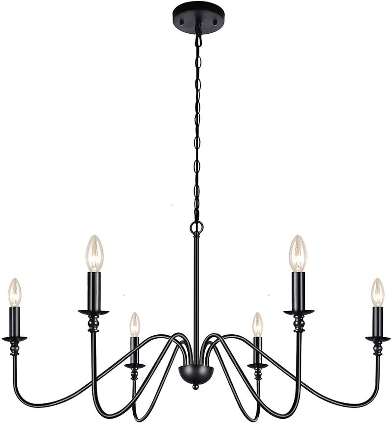 Lampundit 6-Light Iron Chandelier Black Farmhouse Chandelier Classic Candle Ceiling Pendant Light Fixture for Kitchen Island Dining Room Living Room Foyer Barn