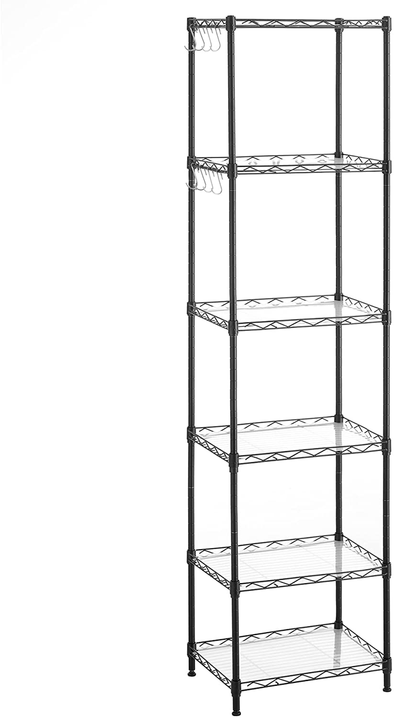 SONGMICS 6-Tier Metal Storage Shelves, Wire Shelving Unit, with Adjustable Shelves, Garage Shelving, Kitchen, Living Room Storage Rack, Shelf Liners, 8 Hooks, Max. Load 264 Lb, Silver ULGR066E01