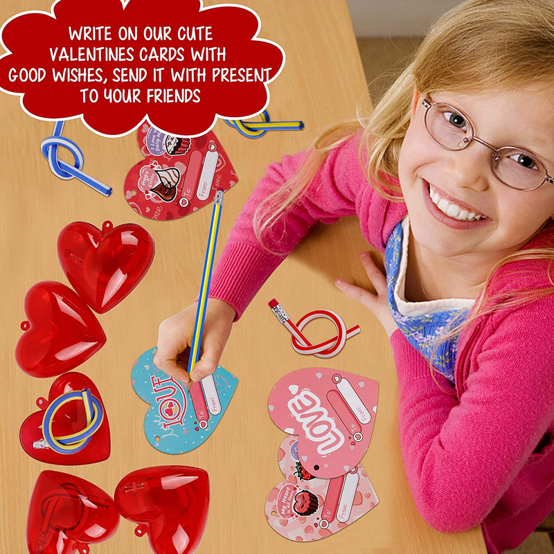 Juegoal 28 Pack Valentines Party Favors Set for Kids, Hearts Filled Bendy Pencils with Valentines Cards, Pencil Eraser for School Class Valentines Gifts Boys Girls Exchange Supplies Bulk Game Prizes