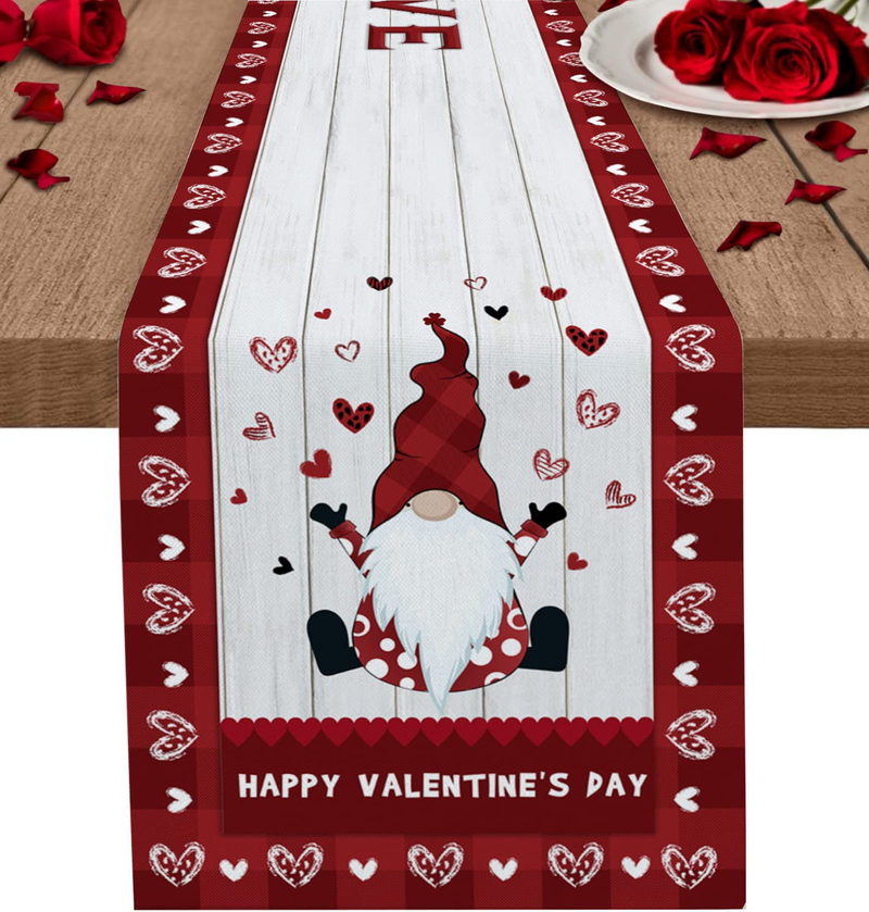 Eilifet Table Runner Romantic Heart Shapes Love Happy Valentine'S Day Gnome 13"X70" Dining Table Decorations Indoor Farmhouse Table Runners for Party Dinner Home Decor