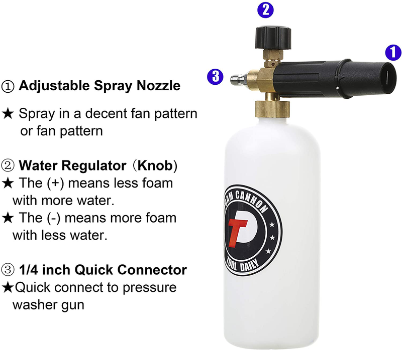 Tool Daily Foam Cannon with 1/4 Inch Quick Connector, 1 Liter, 5 Pressure Washer Nozzle Tips
