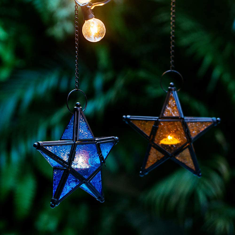 Star Lantern Hanging Glass Star Blue Decoravtive Lantern Candle Holder for Home Patio Garden Decoration Blue