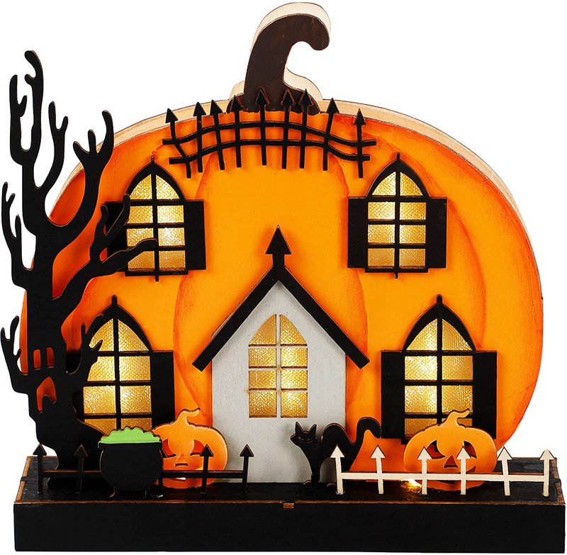 Lulu Home Halloween Tabletop Decoration, Wooden Lighted Pumpkin House Decoration Ornaments, Battery Operated Halloween Sign Indoor Fireplace Desk Kitchen Table Ornament, 9 x 9 x 2.1 INCH
