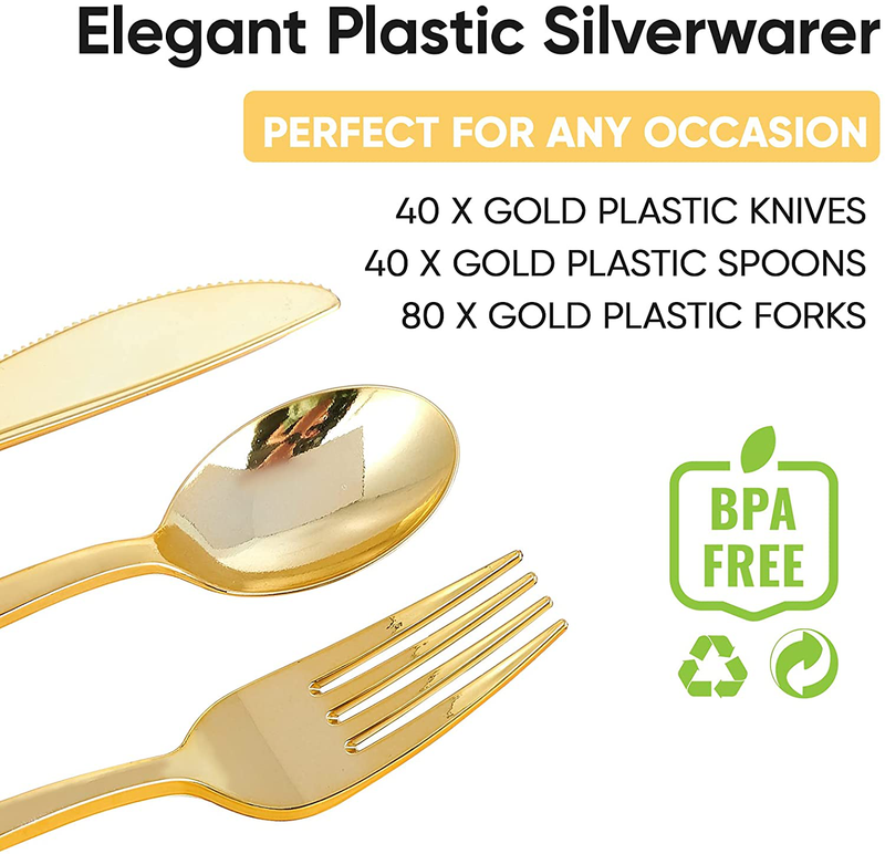 FOCUSLINE 160 Pack Gold Plastic Cutlery Set - 80 Forks, 40 Knives, 40 Spoons - Disposable Flatware Heavy Duty Plastic Silverware Set for Catering, Parties, Dinners, Weddings