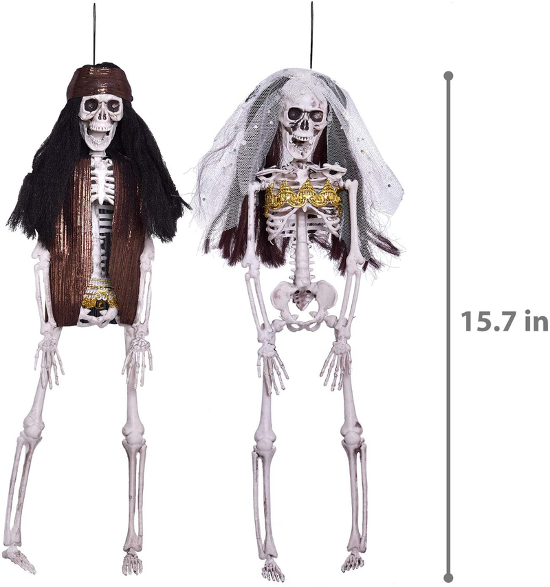 FUN LITTLE TOYS 2 Packs 15.7 Inches Halloween Hanging skeletons, Pirate Skeleton, Bride Groom in Wedding Dress and Suit, Outdoor Indoor Yard Patio House Decor