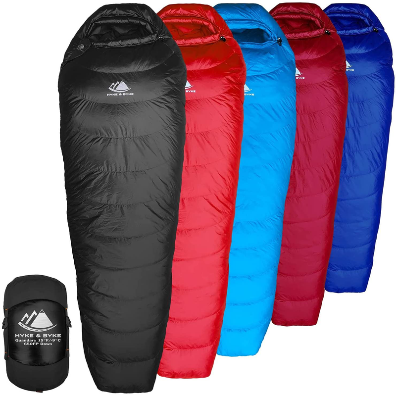 Hyke & Byke Quandary 650 Fill Power Duck down 15 Degree Backpacking Sleeping Bag for Adults Cold Weather Sleeping Bag - Synthetic Base - Ultra Lightweight 3 Season Camping Sleeping Bags for Kids Too