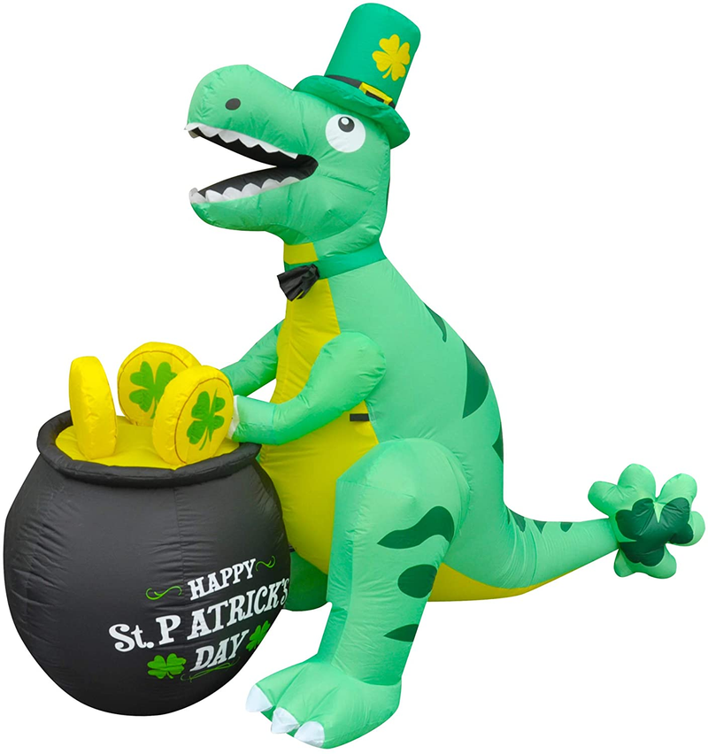 SEASONBLOW 6 Ft LED Light up Inflatable St. Patrick'S Day Dinosaur Dragon with Pot of Gold Decoration for Home Yard Lawn Garden Indoor Outdoor