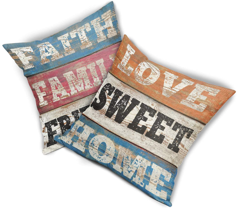 Granbey 2PCS Retro Colorful Wooden Printed Pillow Cover Faith Family Friends Pillow Cushion Cover Love Sweet Home Throw Pillow Covers Fashion Home Decor Sofa Pillowcases Great Gift 18X18 In