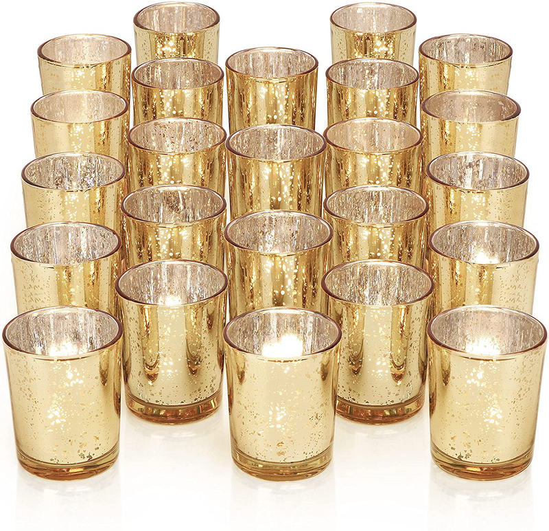 DARJEN 24Pcs Gold Votive Candle Holders for Table - Mercury Glass Votives Gold Candle Holder - Tealight Candle Holder for Wedding Centerpieces & Party Decorations