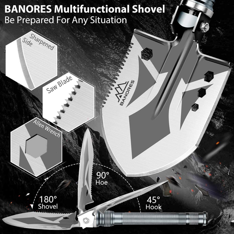 Survival Shovel Axe, BANORES Camping Shovel Multifunctional Sets 19.37-38.97Inch Lengthened Handle and Thicken Anti-Rusting Head with Storage Pouch for Camping, Hiking, Backpacking, Emergency