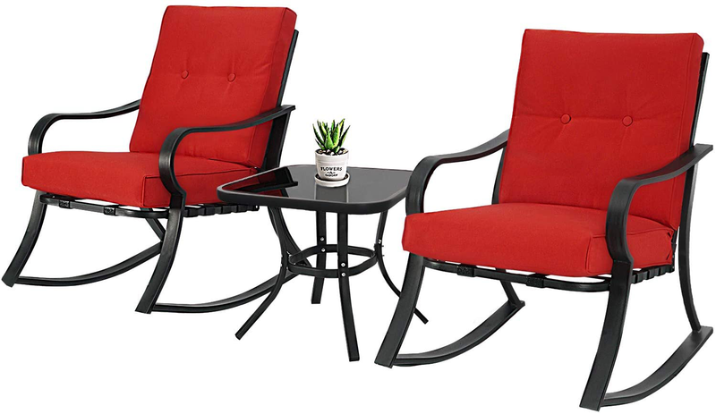 SOLAURA 3-Piece Outdoor Rocking Chairs Bistro Set, Black Steel Patio Furniture with Brown Thickened Cushion & Glass-Top Coffee Table