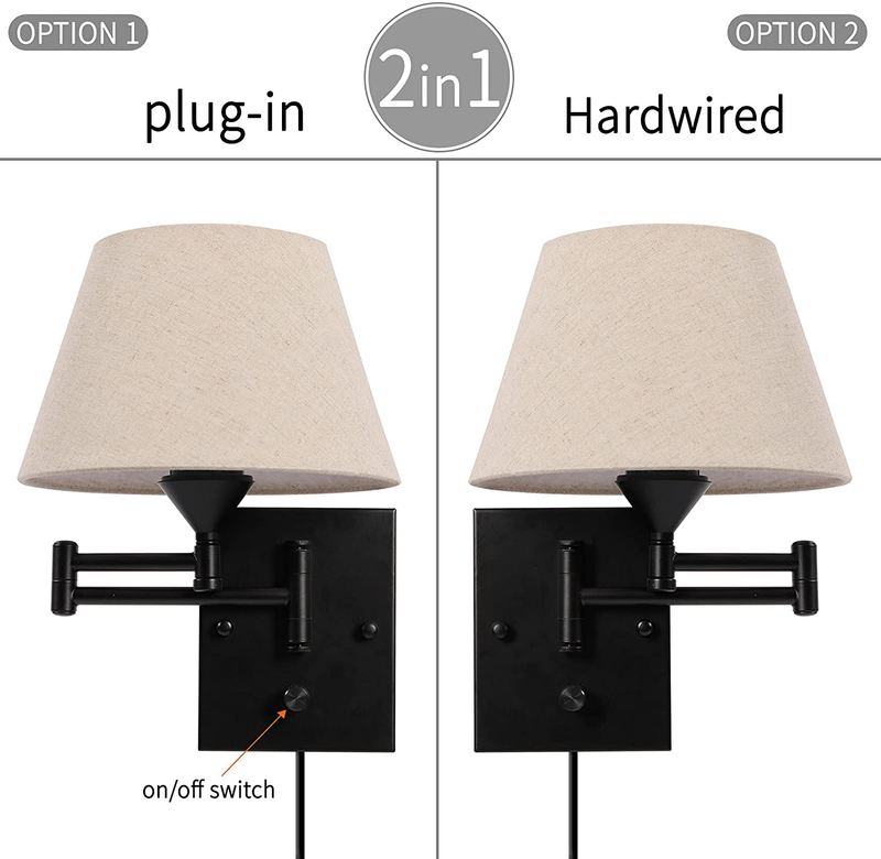 Pauwer Plug in Wall Sconce Set of 2 Swing Arm Wall Lamp with Plug in Cord and Fabric Shade Wall Light Fixtures for Hallway Bedroom Living Room (Beige Shade)