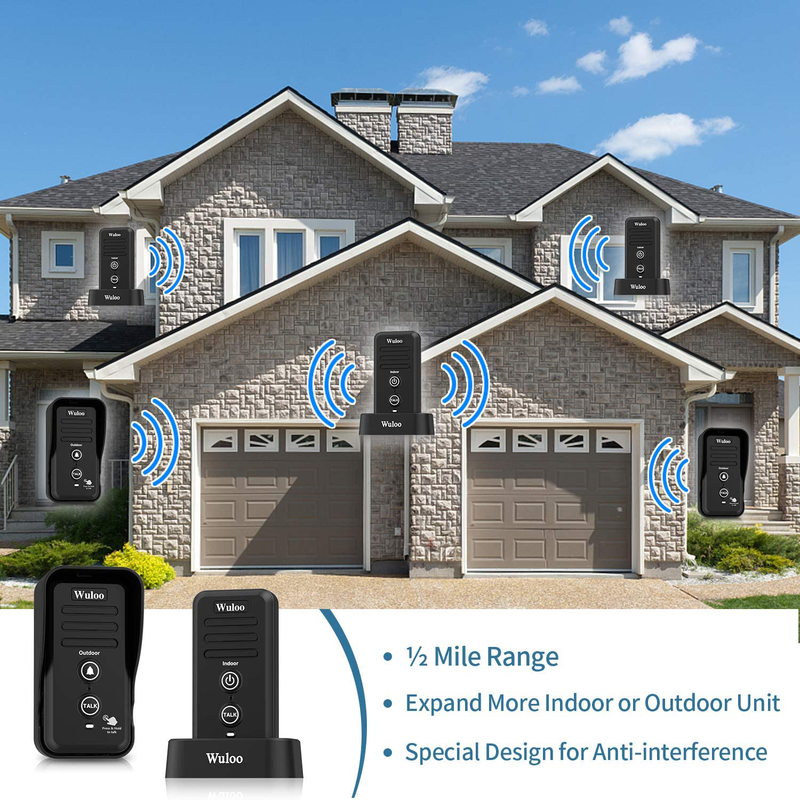 Wuloo Wireless Intercom Doorbells for Home Classroom, Intercomunicador Waterproof Electronic Doorbell Chime with 1/2 Mile Range 3 Volume Levels Rechargeable Battery Including Mute Mode(Black, 1&2)