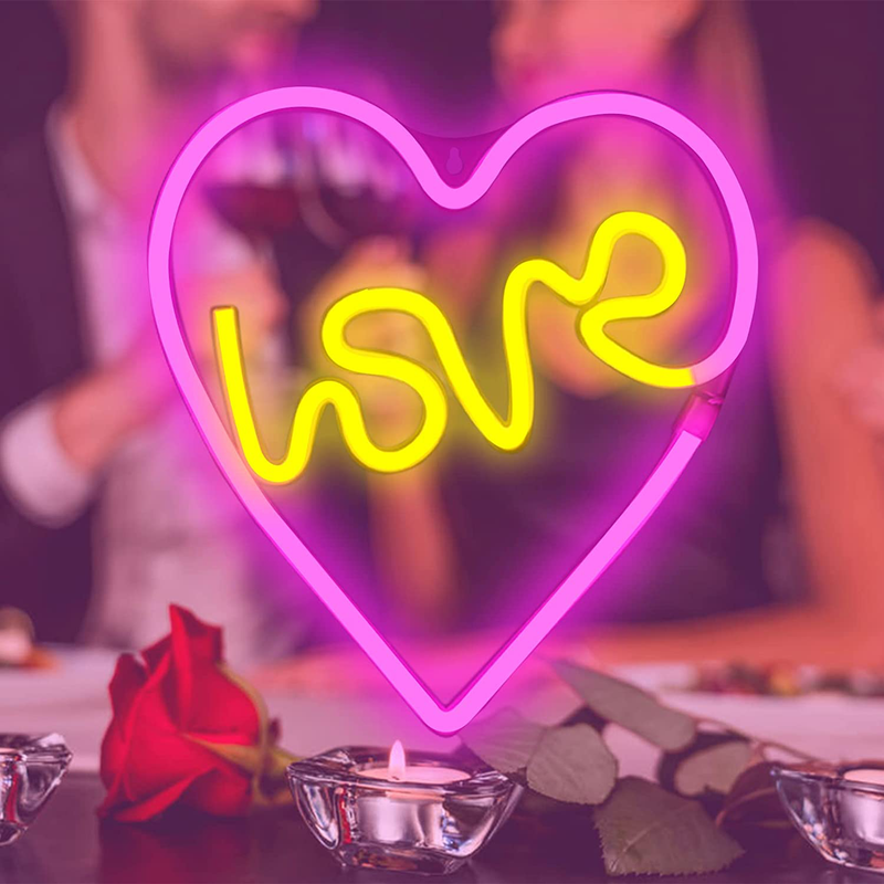 Neon Signs, LED Love in Heart Neon Sign, Battery or USB Powered Romantic Love Heart Neon Light for Bedroom Wall Decorations Art Dating Wedding Party Christmas Valentine'S Day Kids Gift Pink+Yellow