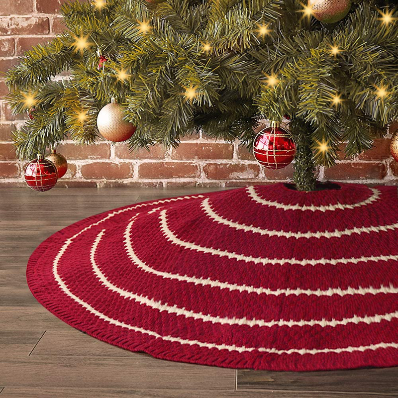 LimBridge Christmas Tree Skirt, 48 inches Knitted Rustic Stripe Thick Heavy Yarn Knit Xmas Holiday Decoration, Burgundy and Cream
