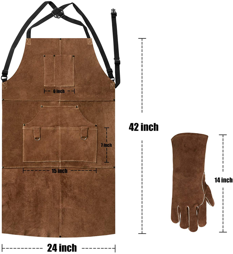 eletecpro Length 42" 6 Pockets Leather Welding Apron & Welding Gloves Cowhide Fire/Heat Resistant Shop Apron Men/Women