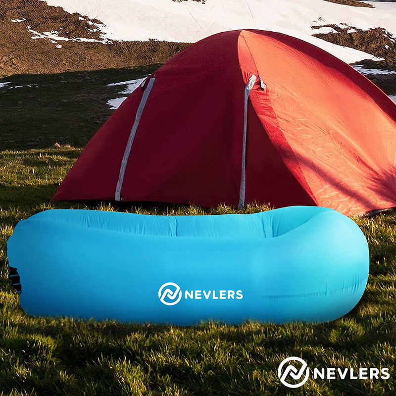 Nevlers 2 Pack Inflatable Loungers with Side Pockets and Matching Travel Bag - Blue & Green - Waterproof and Portable - Great and Easy to Take to the Beach, Park, Pool, and as Camping Accessories