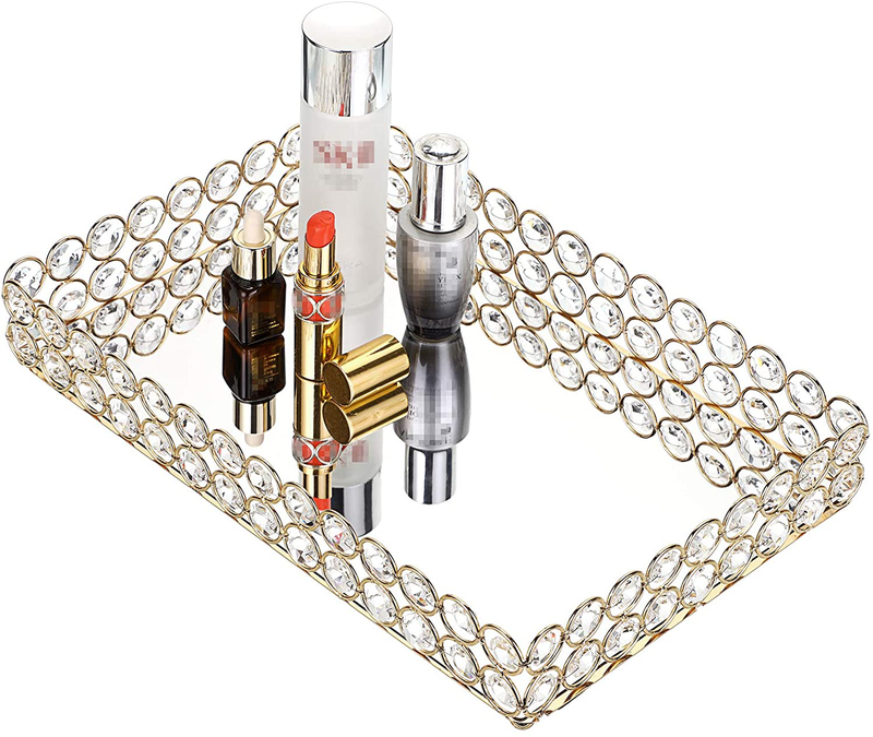Hipiwe Crystal Cosmetic Makeup Tray - Large Mirrored Vanity Tray Jewelry Trinket Organizer TrayTray Home Decorative Dresser Tray Bathroom Tray, 13.7"x 7.87"
