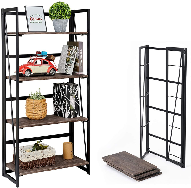 Coavas Folding Bookshelf Home Office Industrial Bookcase No Assembly Storage Shelves Vintage 4 Tiers Flower Stand Rustic Metal Book Rack Organizer, 23.6 X 11.8 X 49.4 Inches