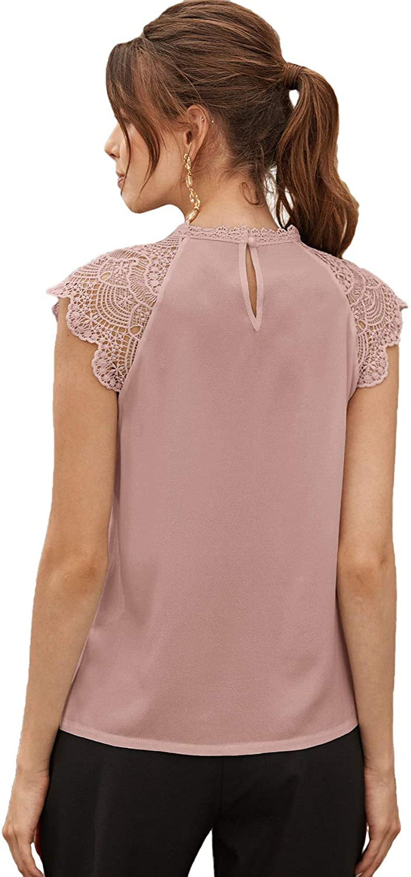 SheIn Women's Elegant Cap Sleeve Keyhole Contrast Lace Blouses Tops