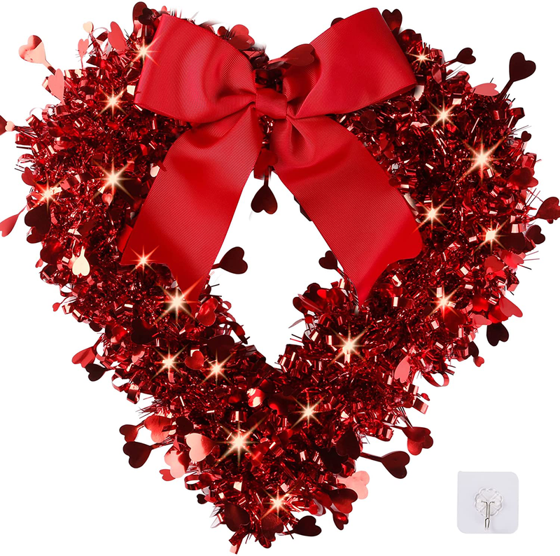 Sggvecsy 18’’ Tinsel Heart Shaped Wreath Red Heart Wreaths Valentine'S Day Heart Wreath with Red Bow LED Lights for Front Door Wedding Party Anniversary Wall Gift for Girlfriend Mother’S Day Decor