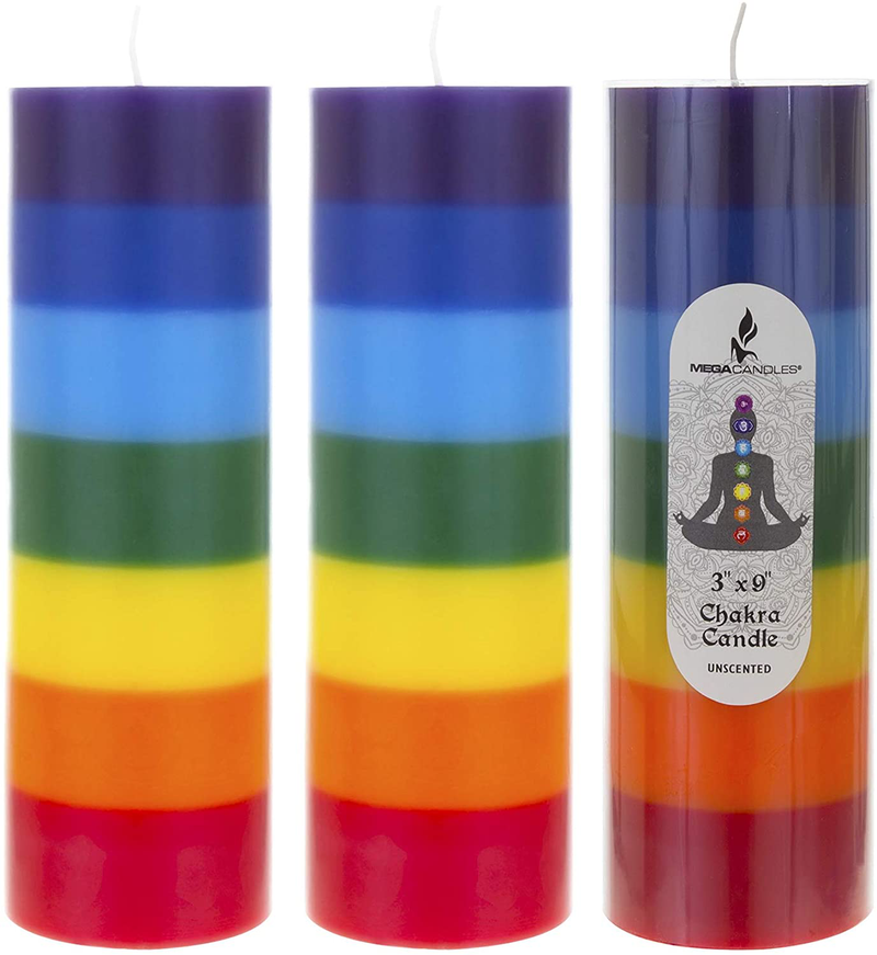 Mega Candles Unscented Multi Color Chakra Round Pillar Candle, Hand Poured Premium Wax Candles 3 Inch x 9 Inch, Cotton Wick, Promotes Positive Energy, Aids Meditation, Relaxation & More