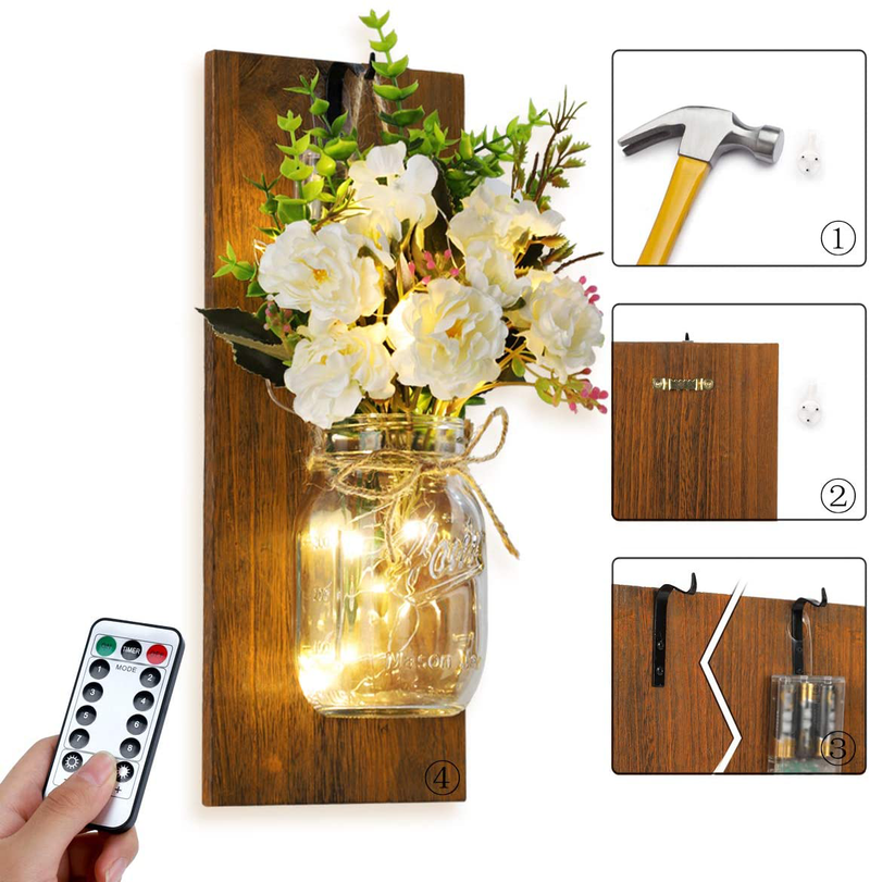 Rustic Wall Mounted Candlesmayson Can Wall Candlestick, with Remote Control Led Lamp and White Peony Farmhouse Decoration, Wall Mounted Decorative Lamp