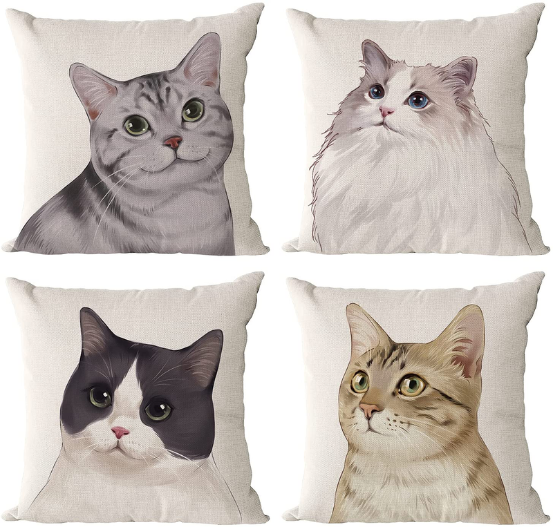 FURUIE Throw Pillow Covers 18 X 18 Inches, Cute Decorative Cartoon Linen Cotton Pillow Cushion Covers for Couch Sofa Bed Chair Car, Pillowcases Set of 4 (Cat)