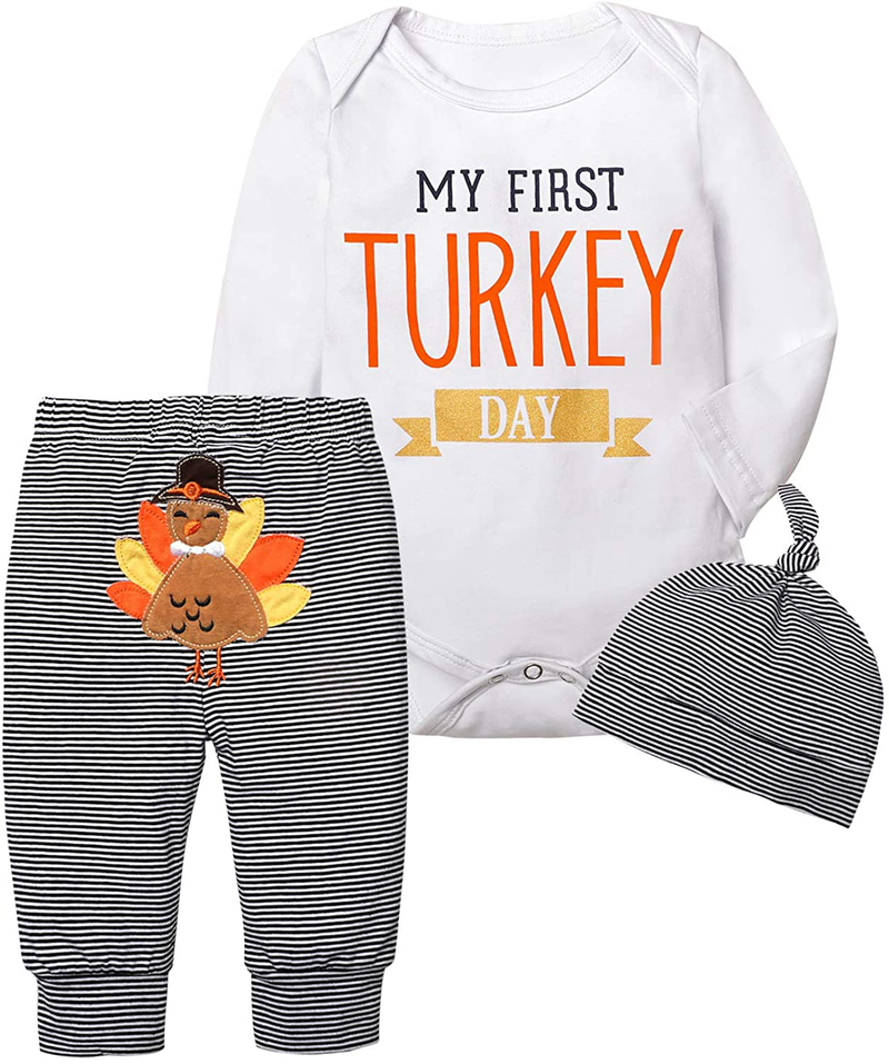 Thanksgiving Outfit Baby Girls Boys Newborn My First Turkey Day Romper Bodysuit Onesie and Striped Turkey Pants