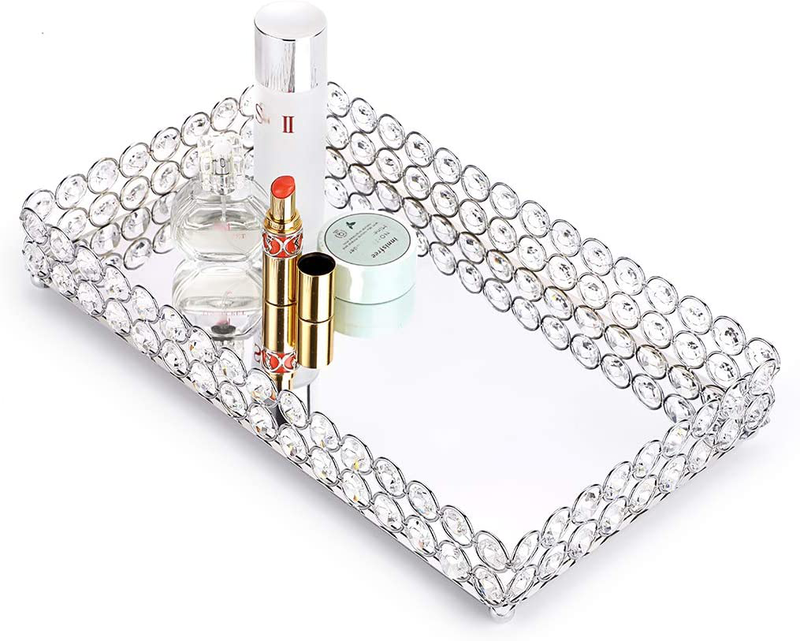 Hipiwe Crystal Cosmetic Makeup Tray - Large Mirrored Vanity Tray Jewelry Trinket Organizer TrayTray Home Decorative Dresser Tray Bathroom Tray, 13.7"x 7.87"